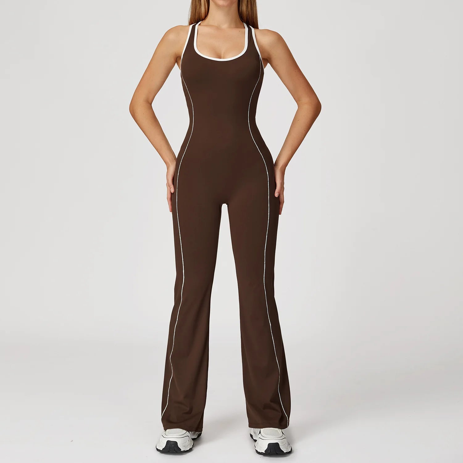 Women's Open Back Flared Yoga Jumpsuit Custom Logo Contrast Trim One Piece Padded Workout Gym Bodysuit Activewear