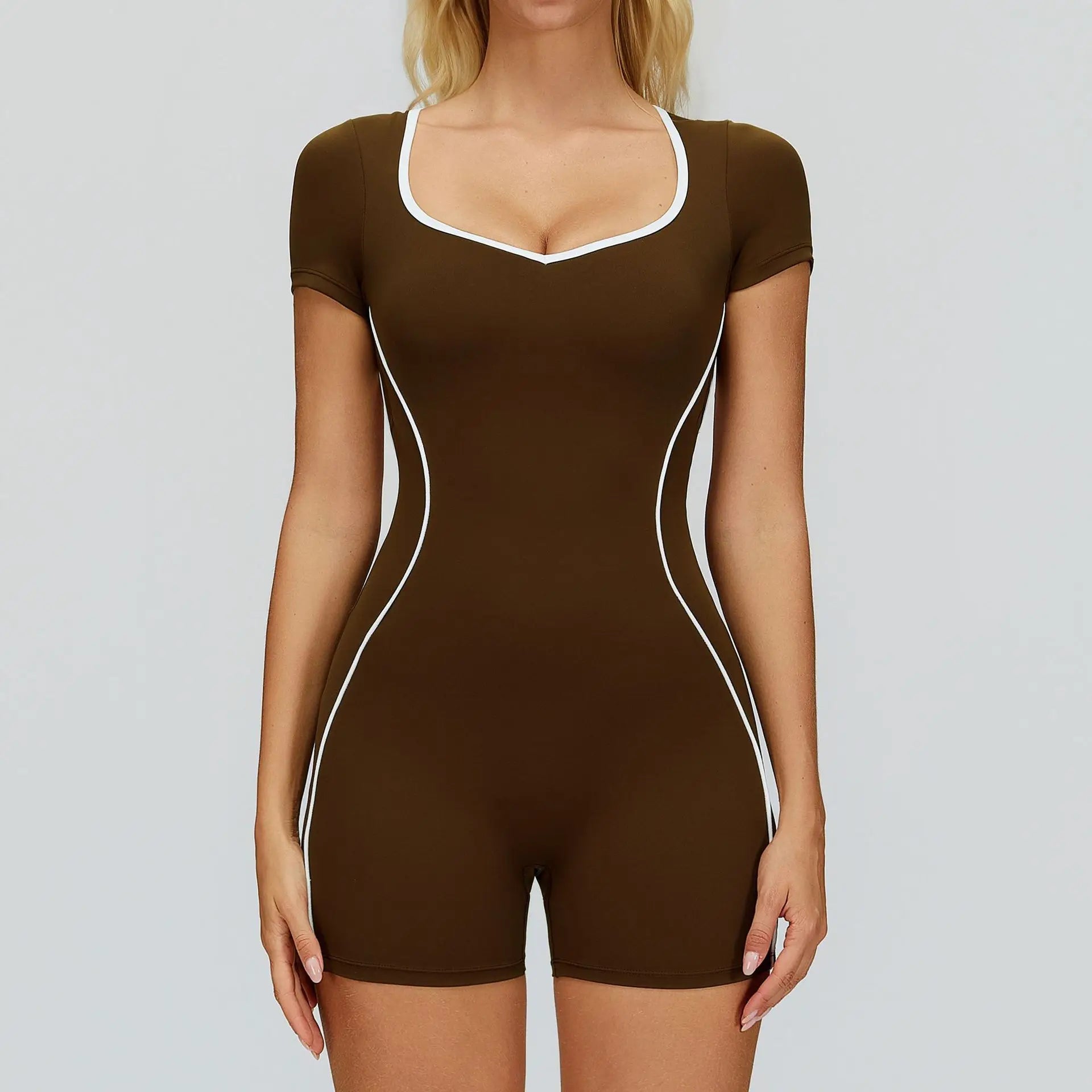 Custom Logo Yoga Bodysuit Workout Romper Backless Women One Piece Jumpsuit Contrast Trim Gym Fitness Wear Quick Dry