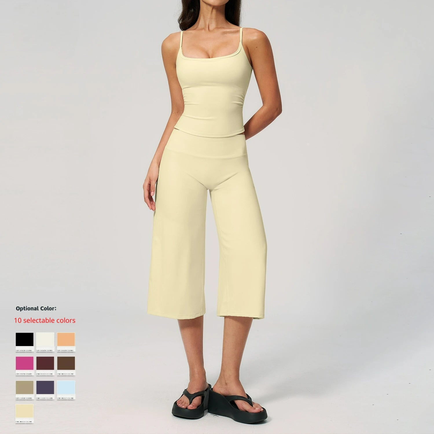 High-Waisted Elastic Waist Capri Pants Custom Logo Women's Solid Casual Two Piece Set Halter  Quick Dry Spandex/Nylon Activewear
