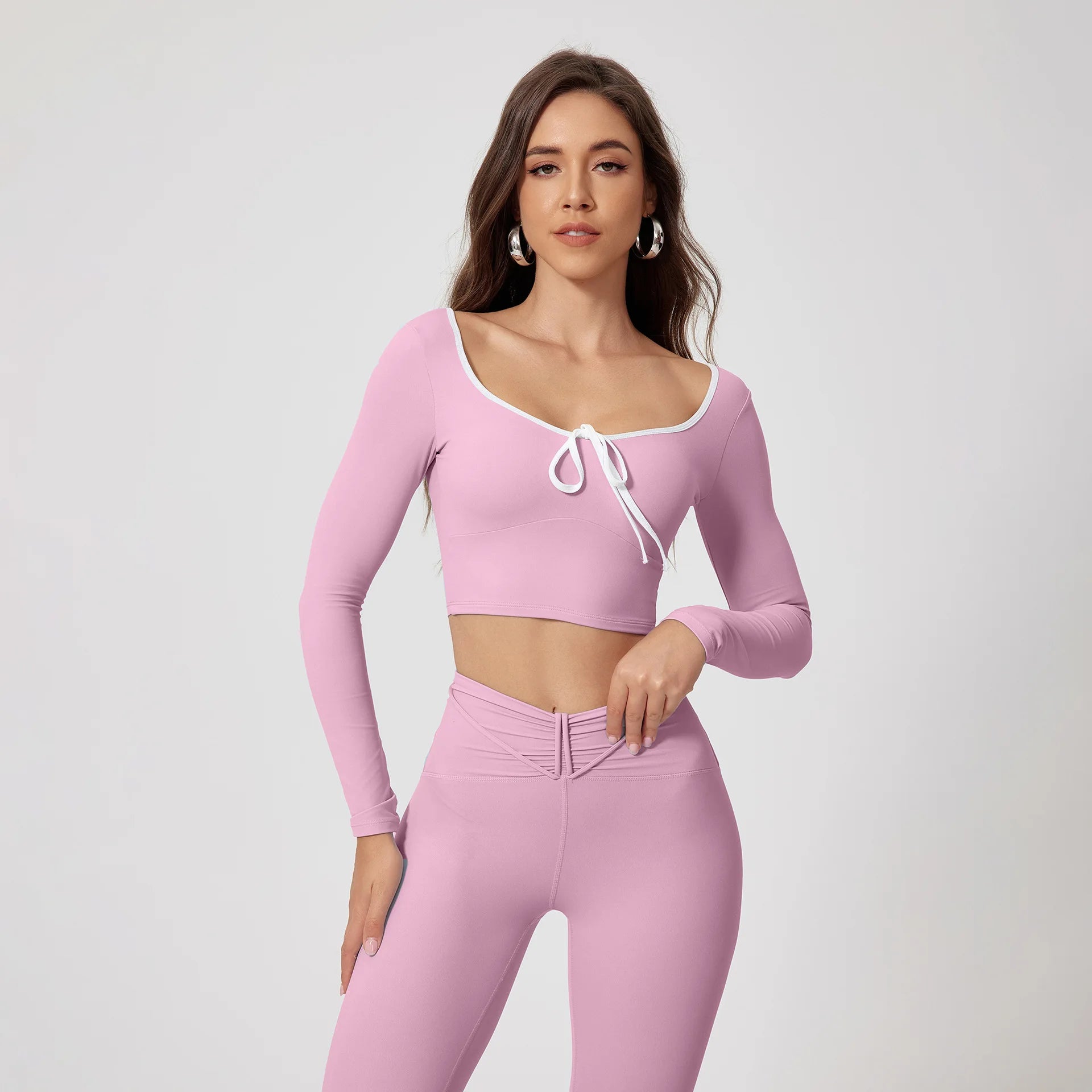 Custom Logo Yoga Set Women Front Tie Long Sleeve Crop Top V Waist Leggings 2 Piece Workout Set Fitness Wear Gym