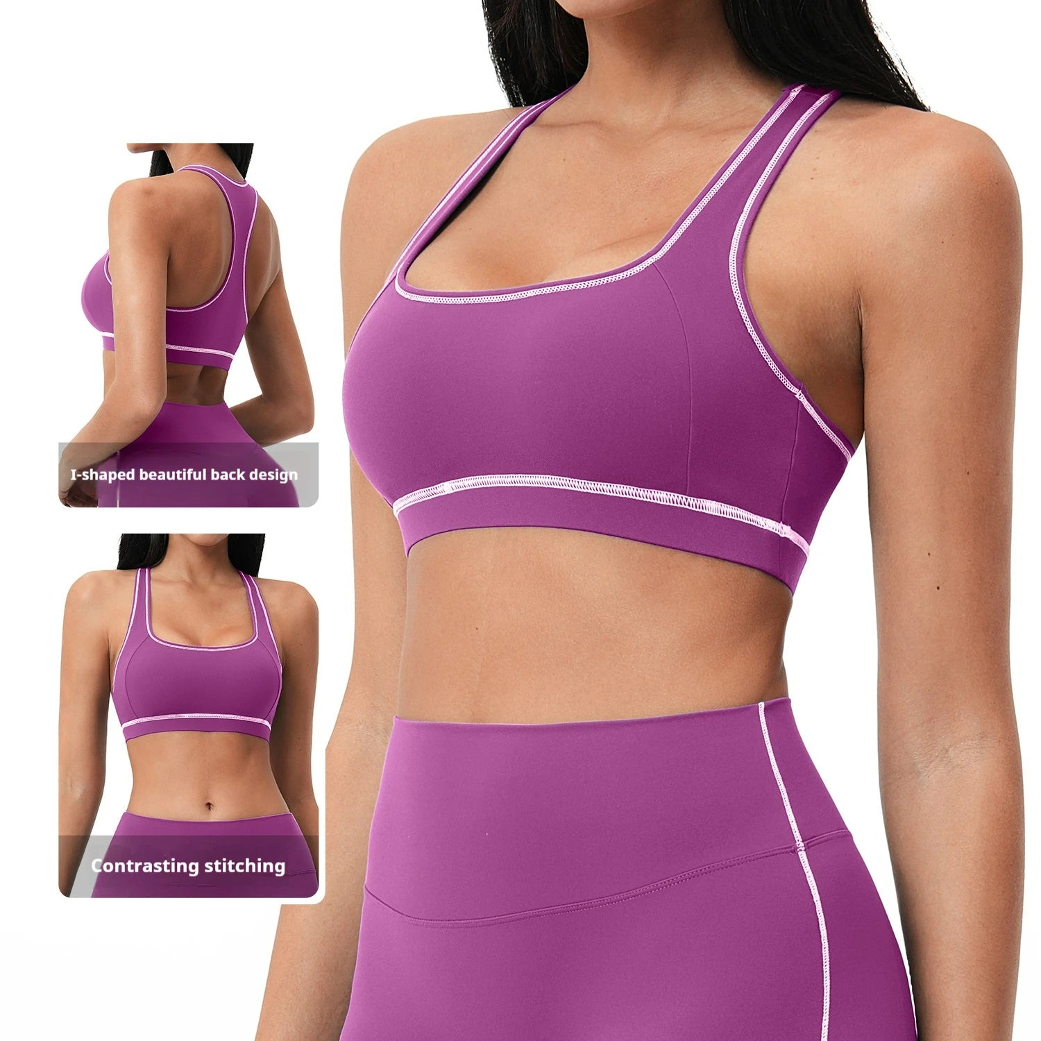 Yoga Tank Top Women Contrast Stitching Built-in Bra Racerback Gym Wear Seamless Workout Sports Vest