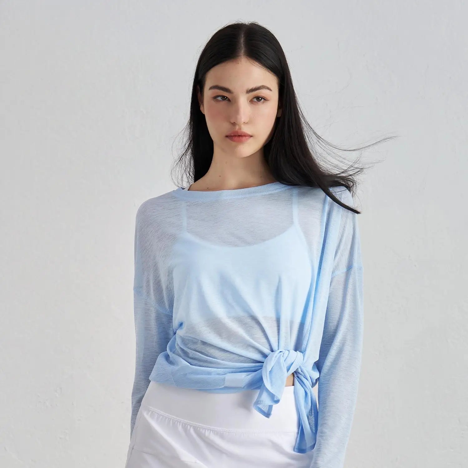 Loose Fit Long Sleeve Yoga Top Sheer Mesh Cover up Side Tie Knot Workout Shirts Breathable Gym Wear Custom