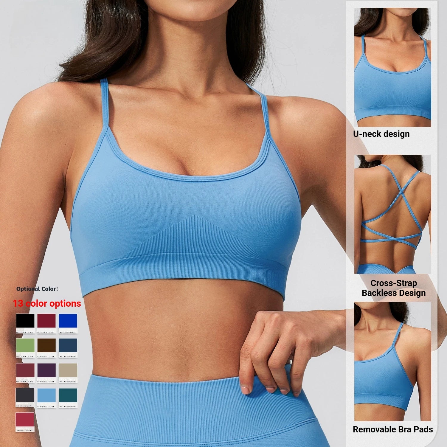 Yoga Bra Seamless Cross Strap Backless Sports Bra OEM Custom Logo U-Neck Removable Padded Gym Workout Vest Tank Top