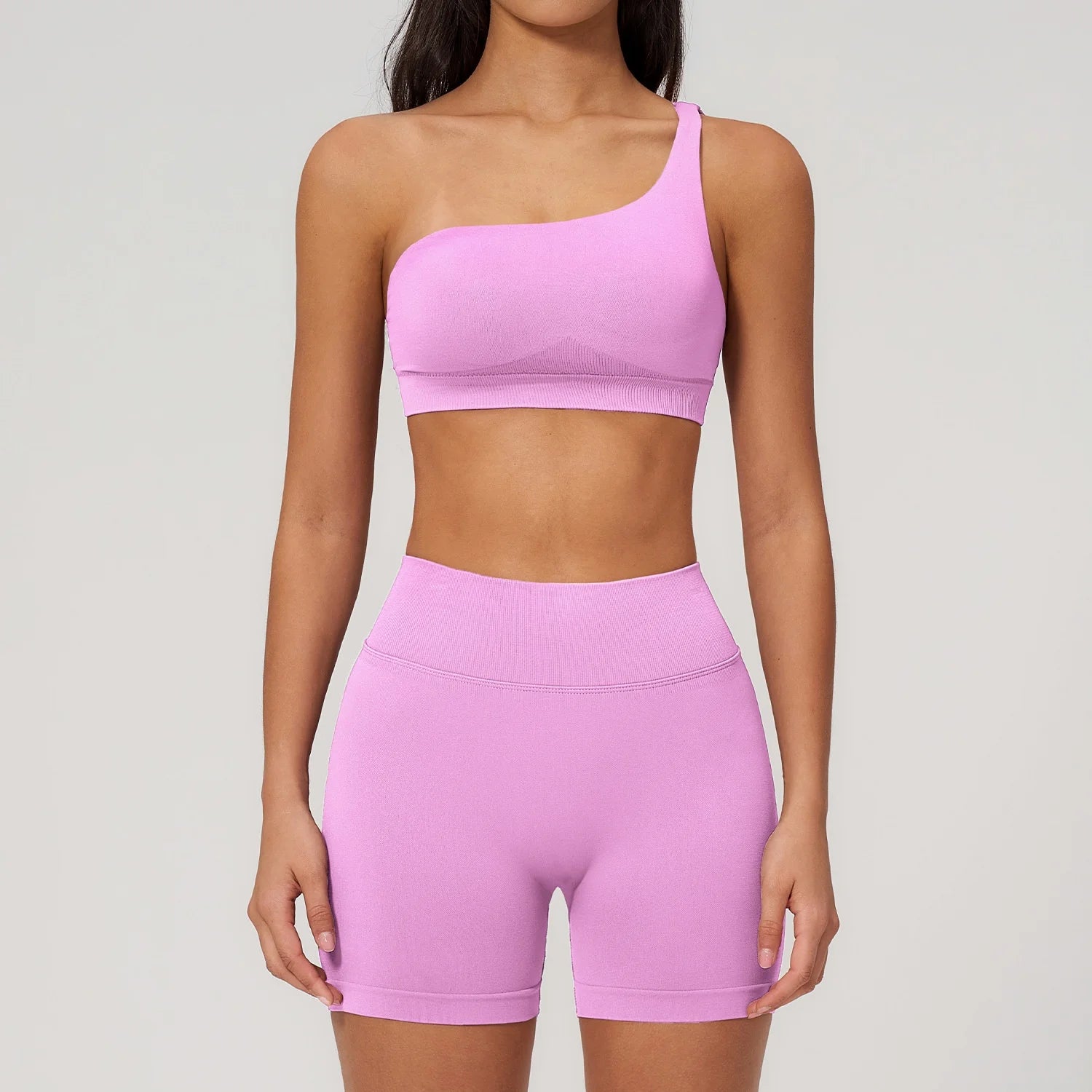 Factory One Shoulder 2-Piece Yoga Shorts Set with Seamless Breathable Stretch Fabric Solid Pattern for Fitness