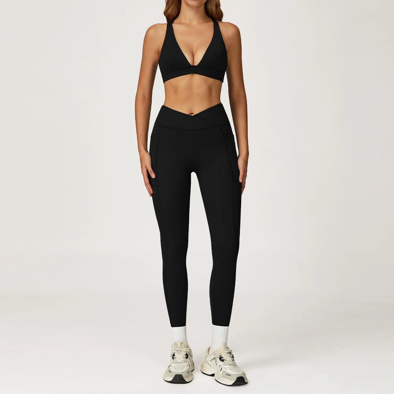 Women's Solid Athleisure 5-Piece Sports Bras+Gym Shorts+Yoga Leggings+Top Set Workout Clothes Sport Suit Front Logo