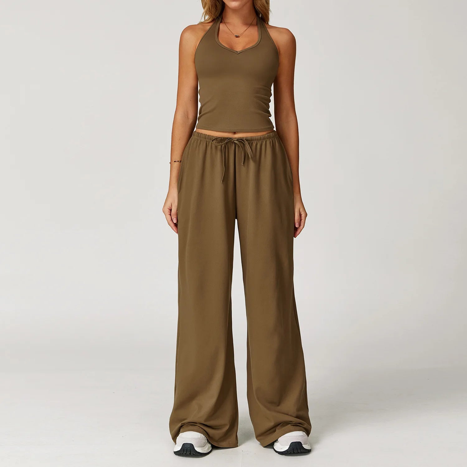 Women 3 Piece Solid Breathable Lounge Set Halter Crop Top Long Sleeve Wrap Cardigan Mid Waist Wide Leg Pants Tracksuit Custom