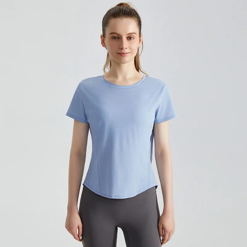 Custom Logo Women's Short Sleeve Gym T Shirt Curved Hem Loose Fit Workout Tops Quick Dry Breathable Running Yoga Tee