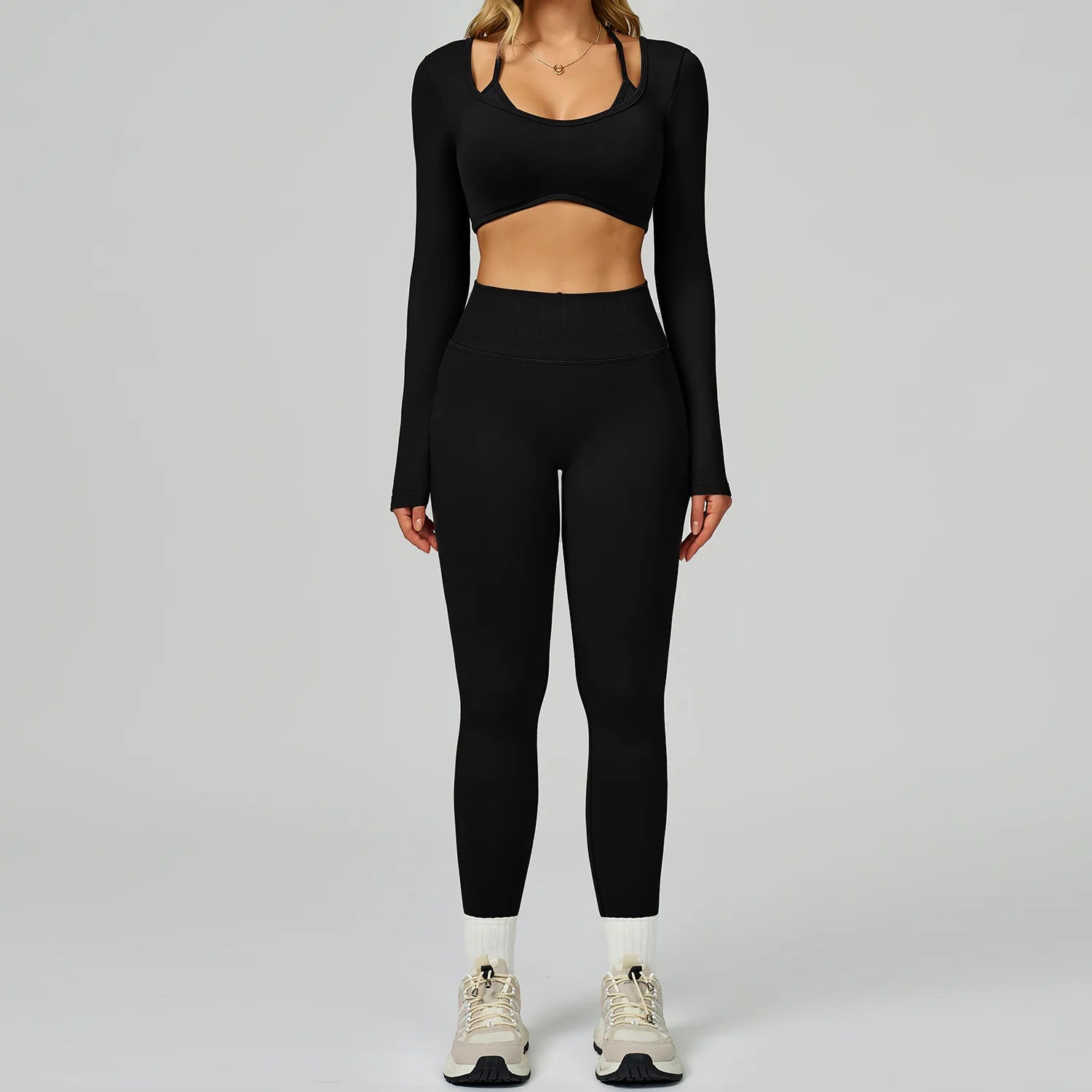 Wholesale Seamless Solid Sports Top Tight Scrunch Butt High Waist Elastic Waist Shorts Front 3 Piece Sportswear Gym Fitness Yoga