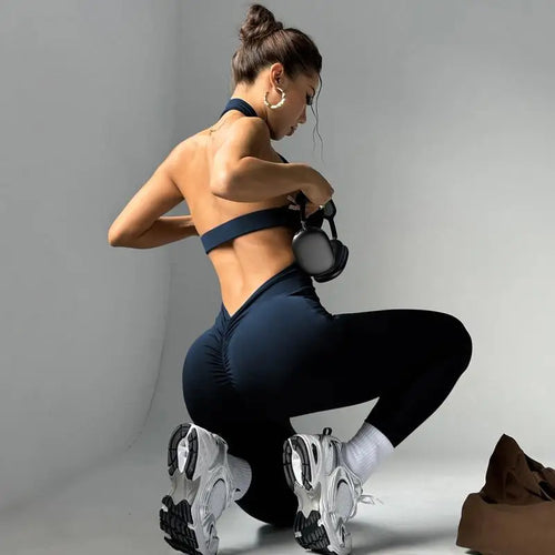 Custom Logo Yoga Bodysuit Halter Neck Backless Scrunch Butt One Piece Jumpsuit Women Gym Fitness Workout Romper Quick Dry