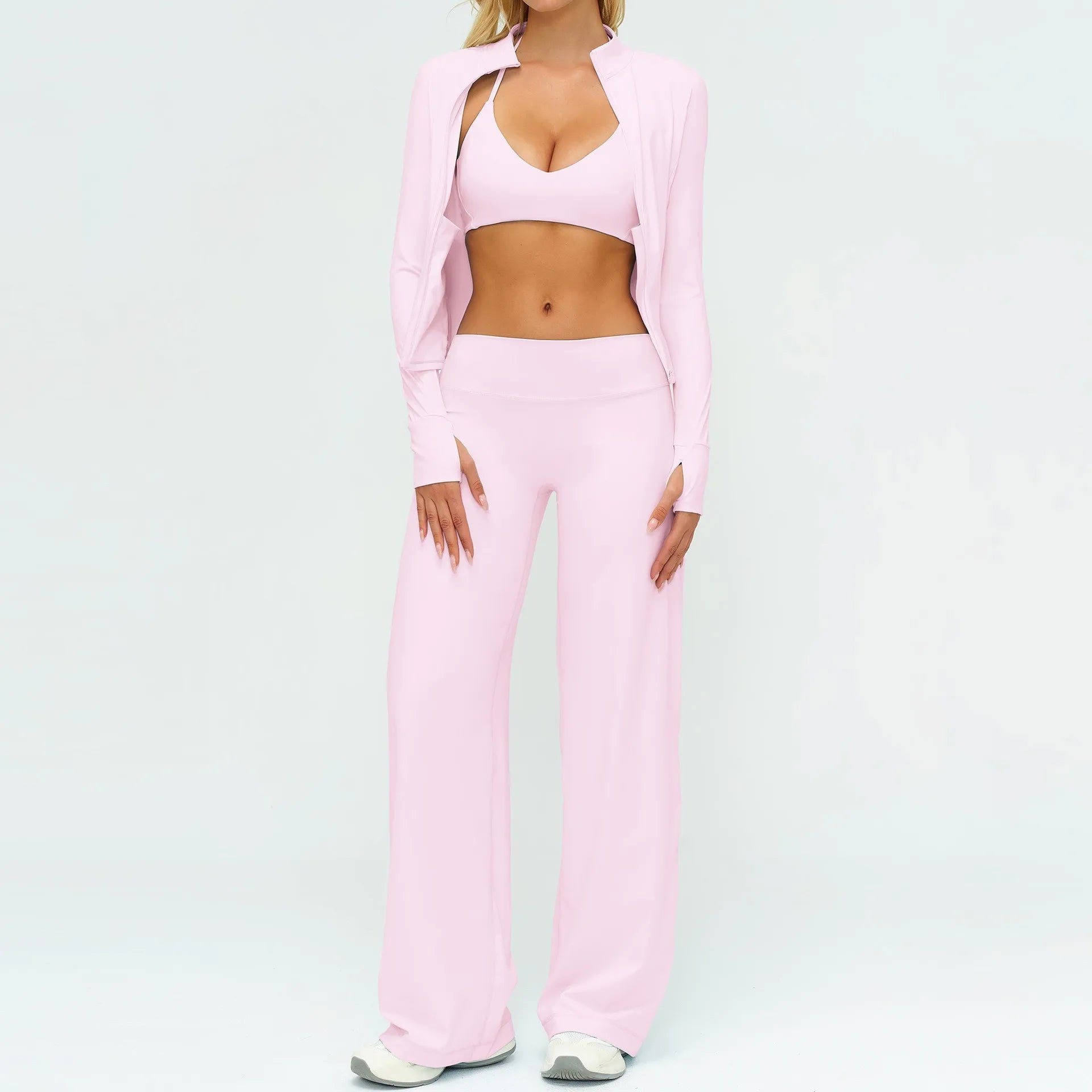 Women's Solid Breathable Racerback Workout Set Yoga Full Zip Jacket Sports Bra Wide Leg Pants 3-Piece 2026 New Fitness Custom