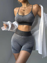 Women's High Waist Sports Shorts Elastic Solid Breathable Sport Leggings 2-Piece Set Peach Hip Design Front Logo for Gym & Yoga