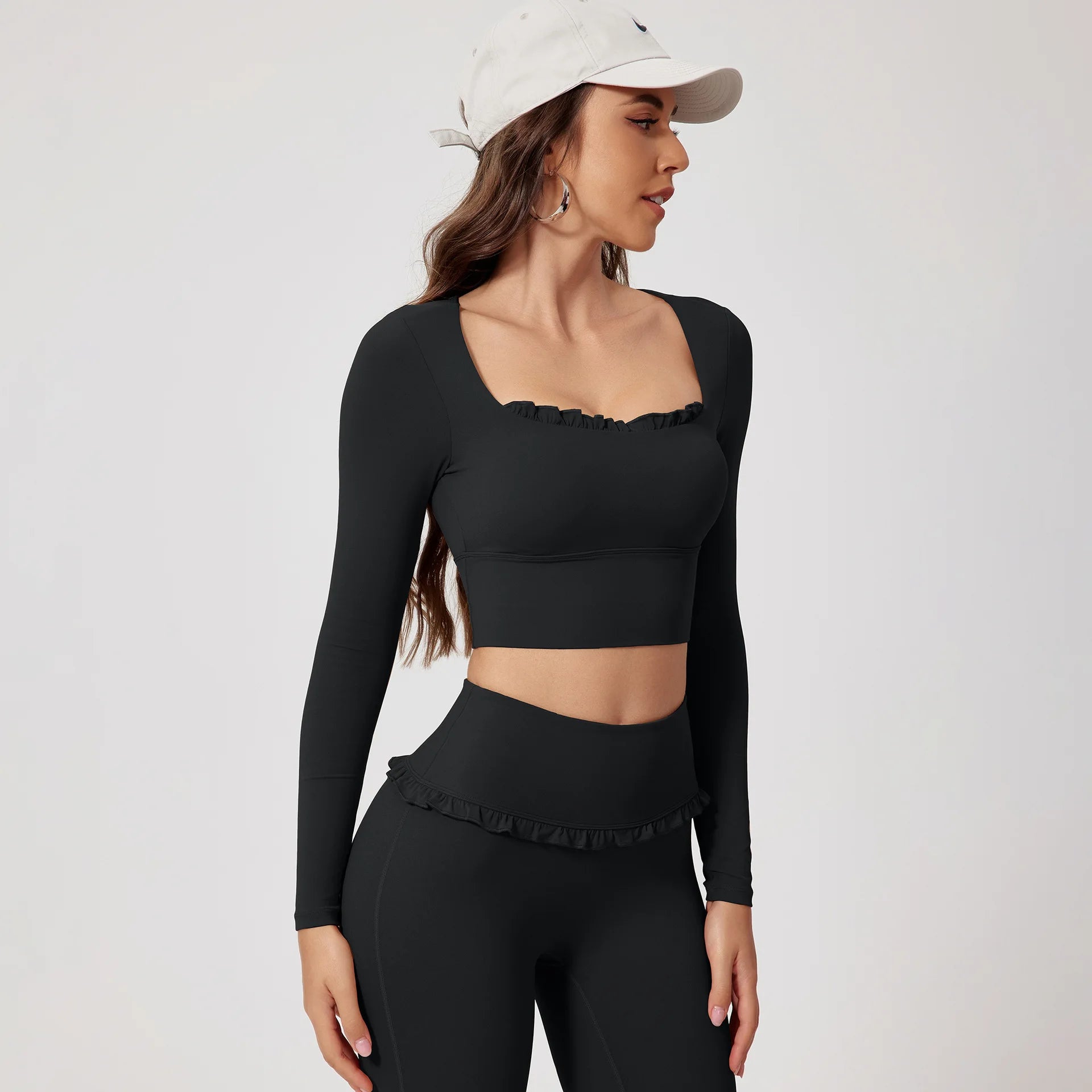 Custom Logo Yoga Long Sleeve Top Ruffle Trim Sports Crop Top Women Balletcore Fitness Shirt Gym Workout Wear Quick Dry