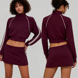 Custom Logo Yoga Set Women Cropped Jacket Zip up Tennis Skirt Set Side Stripes 2 Piece Activewear Workout Gym