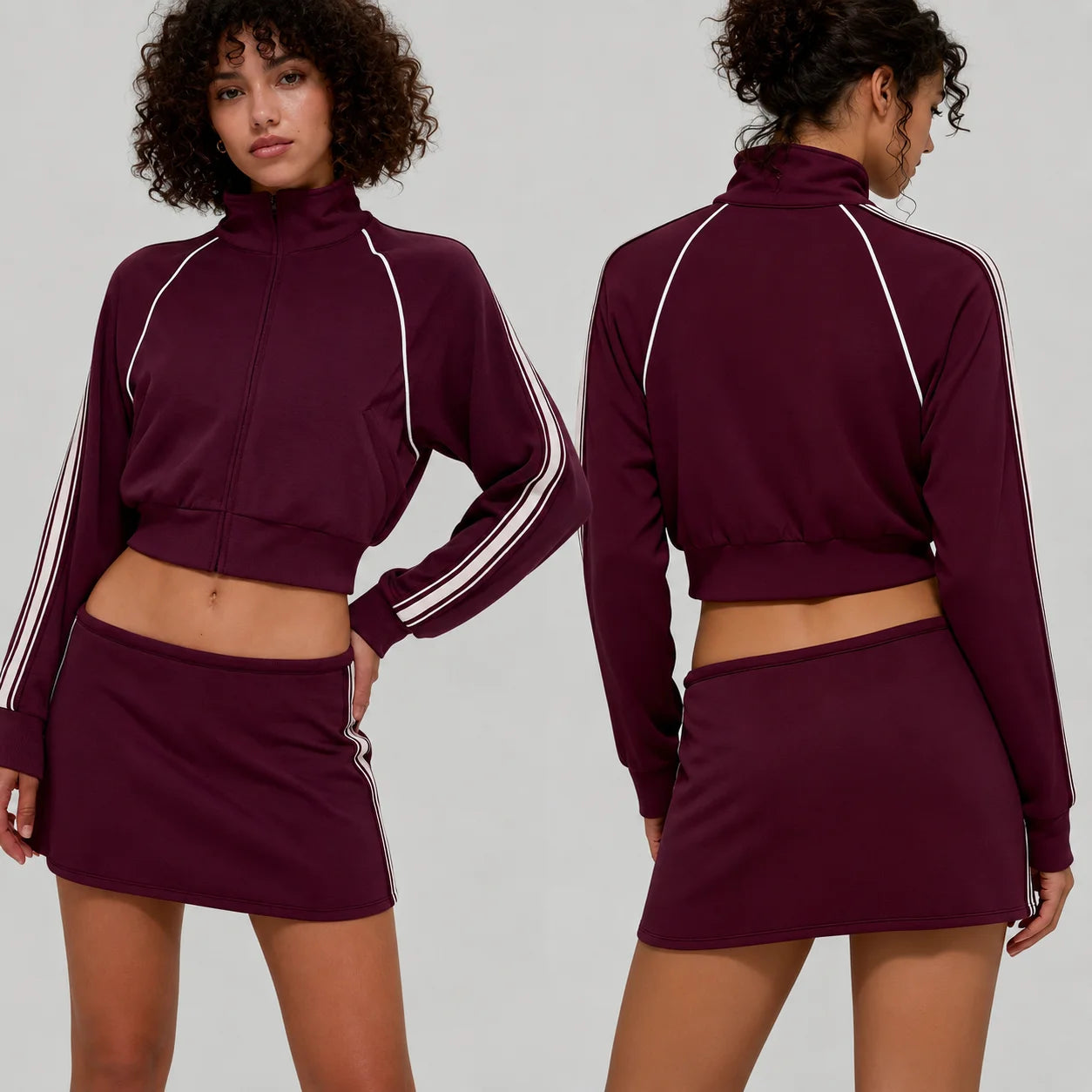 Custom Logo Yoga Set Women Cropped Jacket Zip up Tennis Skirt Set Side Stripes 2 Piece Activewear Workout Gym