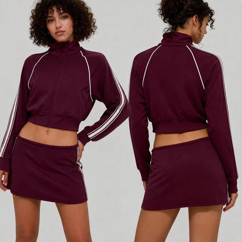 Custom Logo Yoga Set Women Cropped Jacket Zip up Tennis Skirt Set Side Stripes 2 Piece Activewear Workout Gym