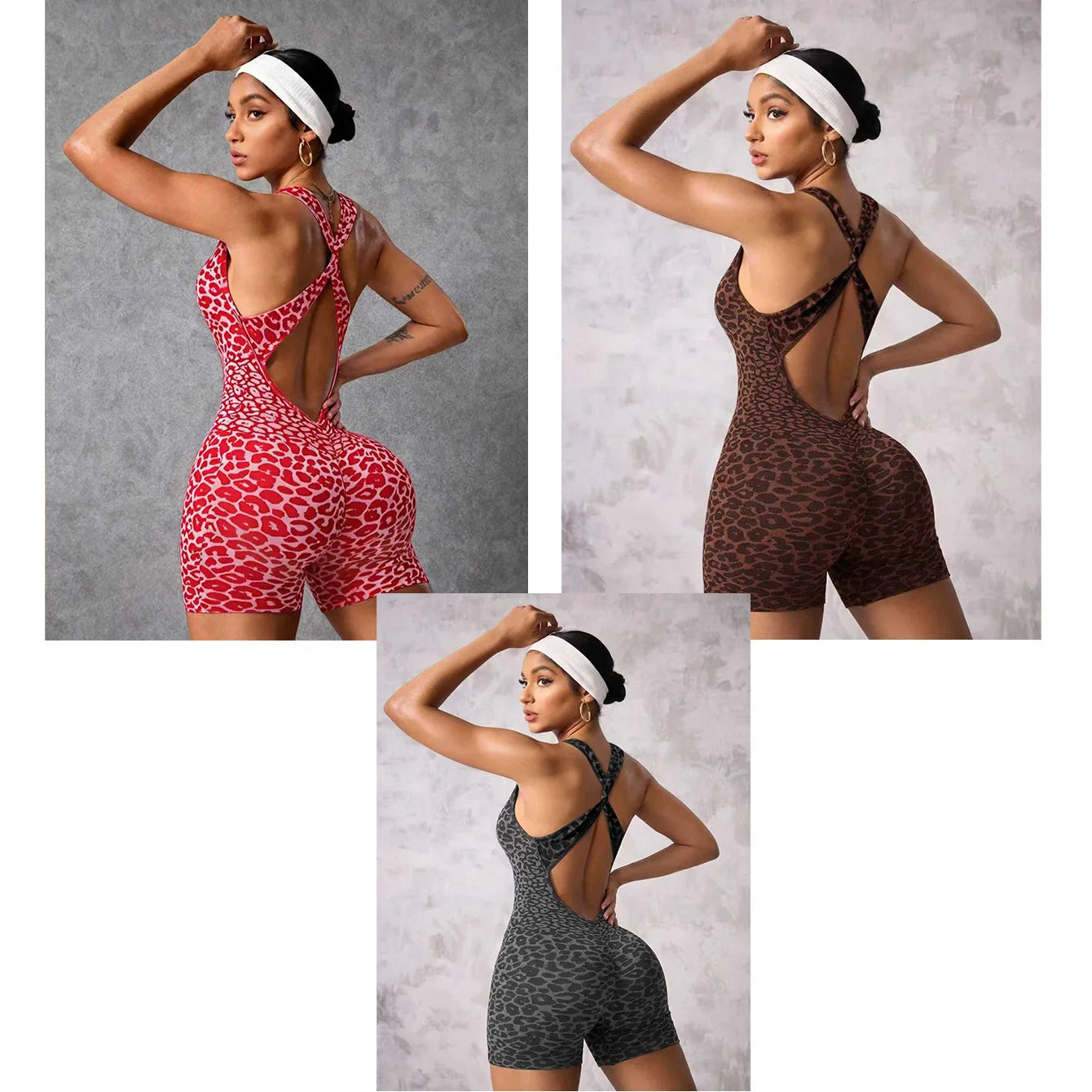 Seamless Yoga Sets Reversible Bralette with Cross Ties Leopard Print Jumpsuit Shorts Yoga Clothes High-stretch Bodysuit