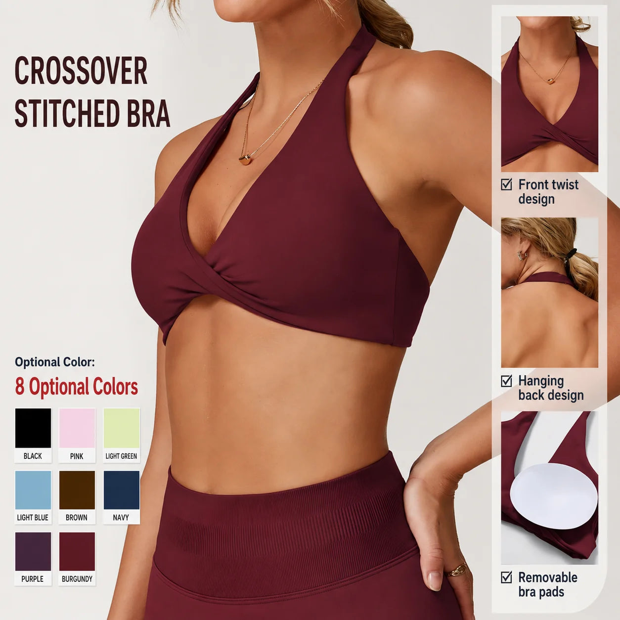 Halter Neck Twist Front Sports Bra Deep V Wireless Yoga Crop Top Removable Padded Gym Workout Bralette Women