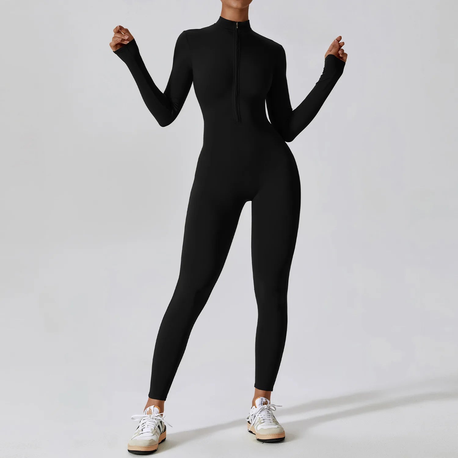 Women Front Zipper Yoga Jumpsuit  One Piece Unitard Gym Workout Bodycon Romper Athletic Wear Long Sleeve