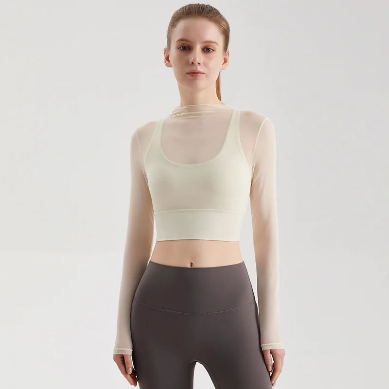 Women's Long Top Double Lined Sexy Sheer Mesh Compression Quick Dry Spandex/Nylon Athletic Workout Yoga Clothing