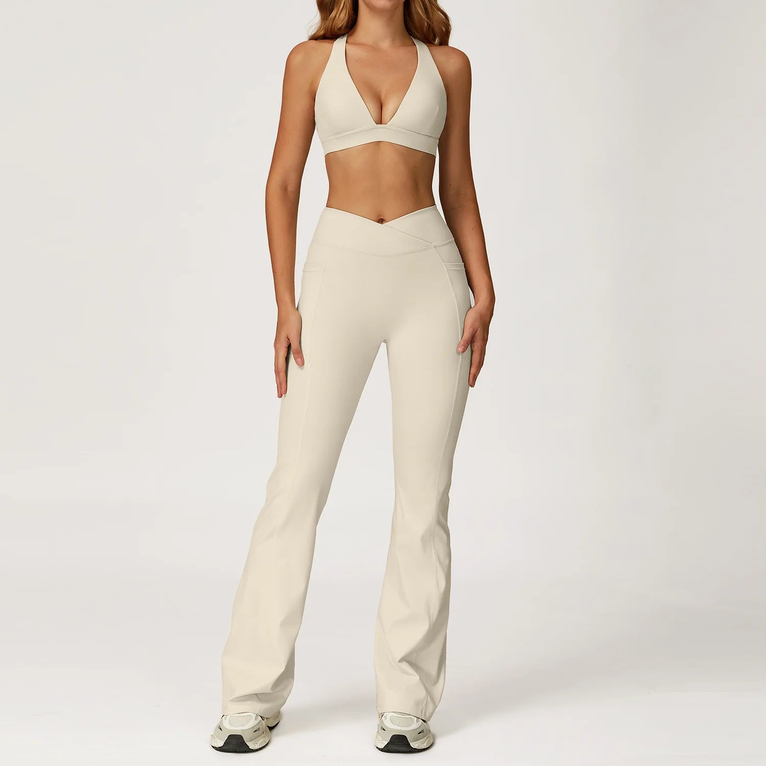 Women's Solid Athleisure 5-Piece Sports Bras+Gym Shorts+Yoga Leggings+Top Set Workout Clothes Sport Suit Front Logo