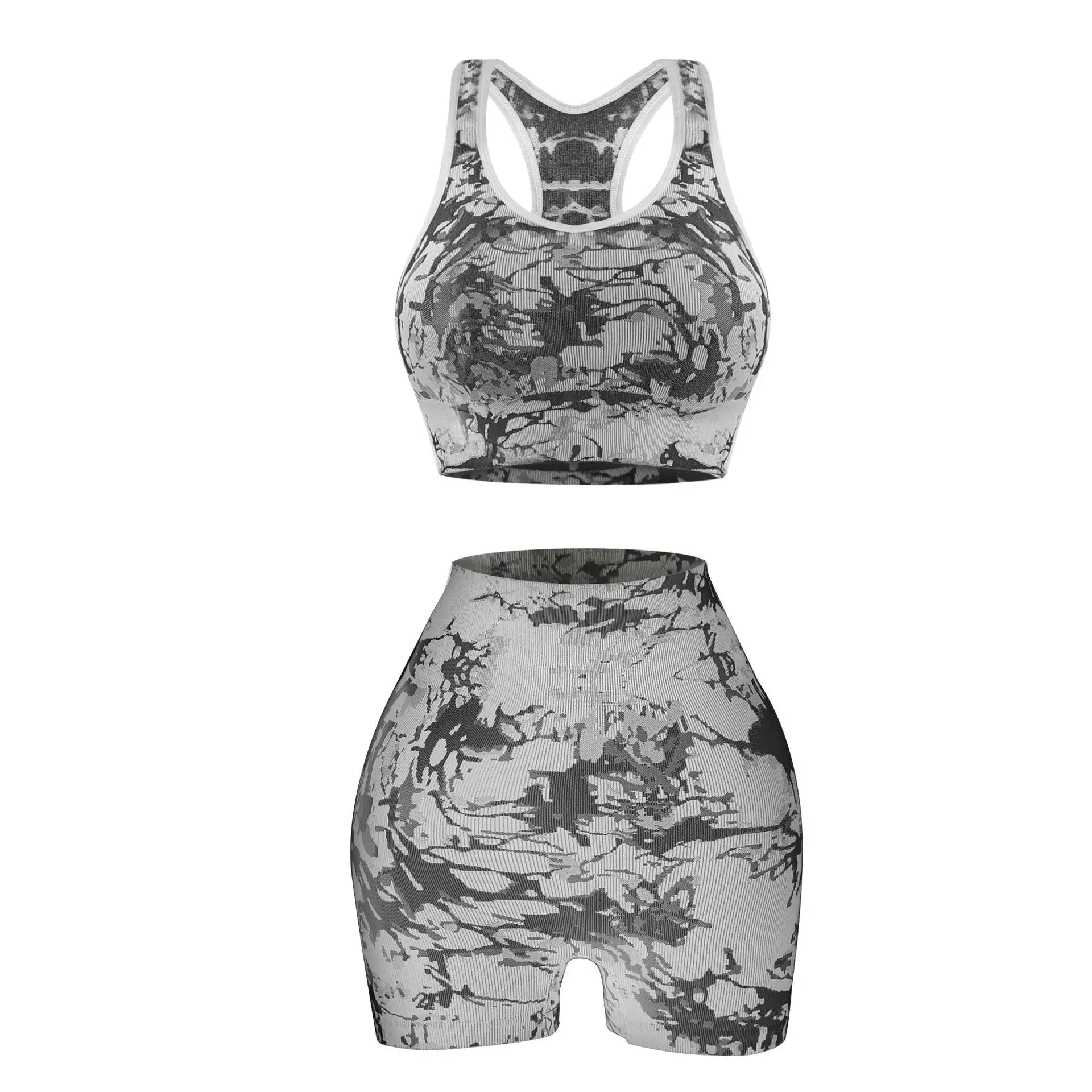 WomenTie Seamless  Dye  Yoga Set Racerback Sports Bra High Waist Scrunch Butt Biker Shorts 2 Piece Workout Set Custom
