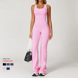 Women's Open Back Flared Yoga Jumpsuit Custom Logo Contrast Trim One Piece Padded Workout Gym Bodysuit Activewear