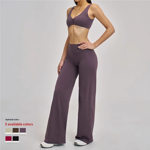 Custom High Stretchy Summer Yoga Set Scrunch Sports Bras Quick Dry High Waist Elastic Flare Pants Workout Running Sportswear