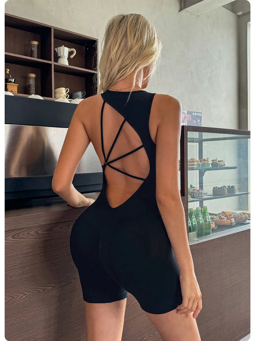 Backless Strappy Romper Sleeveless Workout Bodysuit One Piece Yoga Jumpsuit  Gym Activewear Set Women Custom Logo