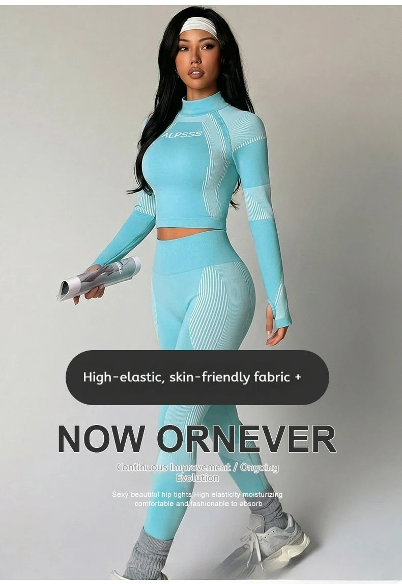 Summer New Seamless Lapel Long Sleeved Yoga Fitness Set, Slim Fit, Sexy, Moisture Wicking, Quick Drying Yoga Set Custom Logo