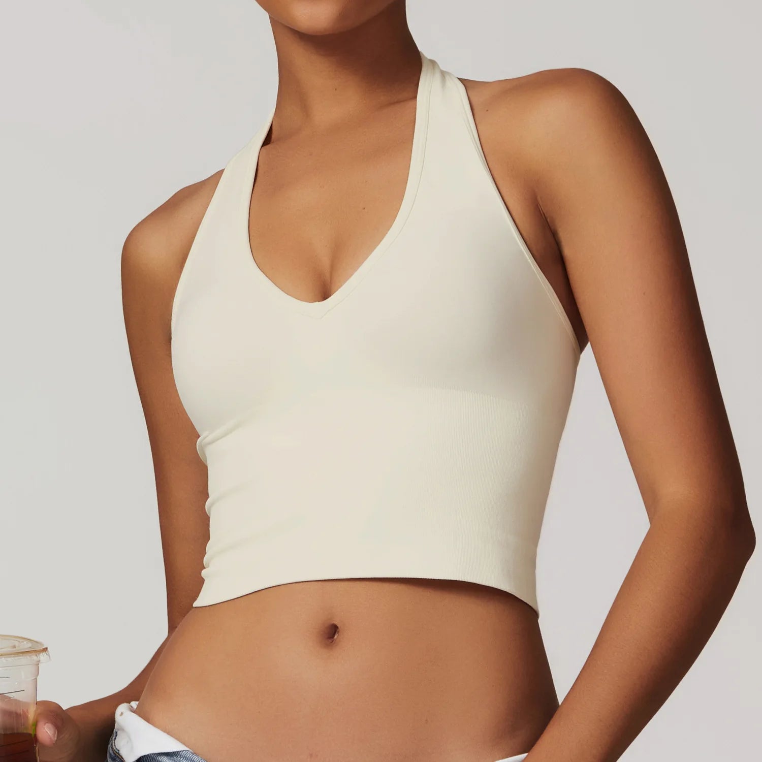 Seamless Halter Yoga Tops Women Custom LOGO Sexy V Neck Backless Sports Bra Gym Workout Crop Top Breathable Pilates Tank