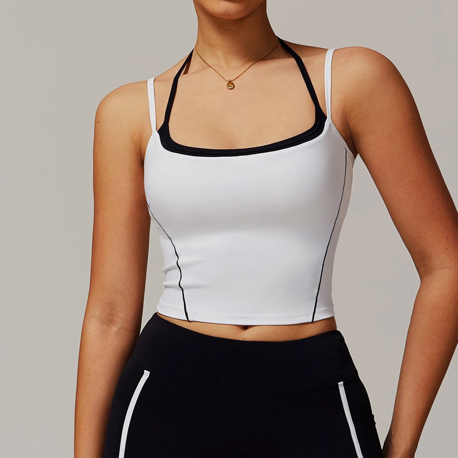 Yoga Tank Top Contrast Trim Halter Neck Sports Crop Top Women Quick Dry Breathable Gym Fitness Wear Custom Logo