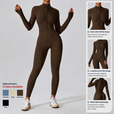 Women Front Zipper Yoga Jumpsuit  One Piece Unitard Gym Workout Bodycon Romper Athletic Wear Long Sleeve