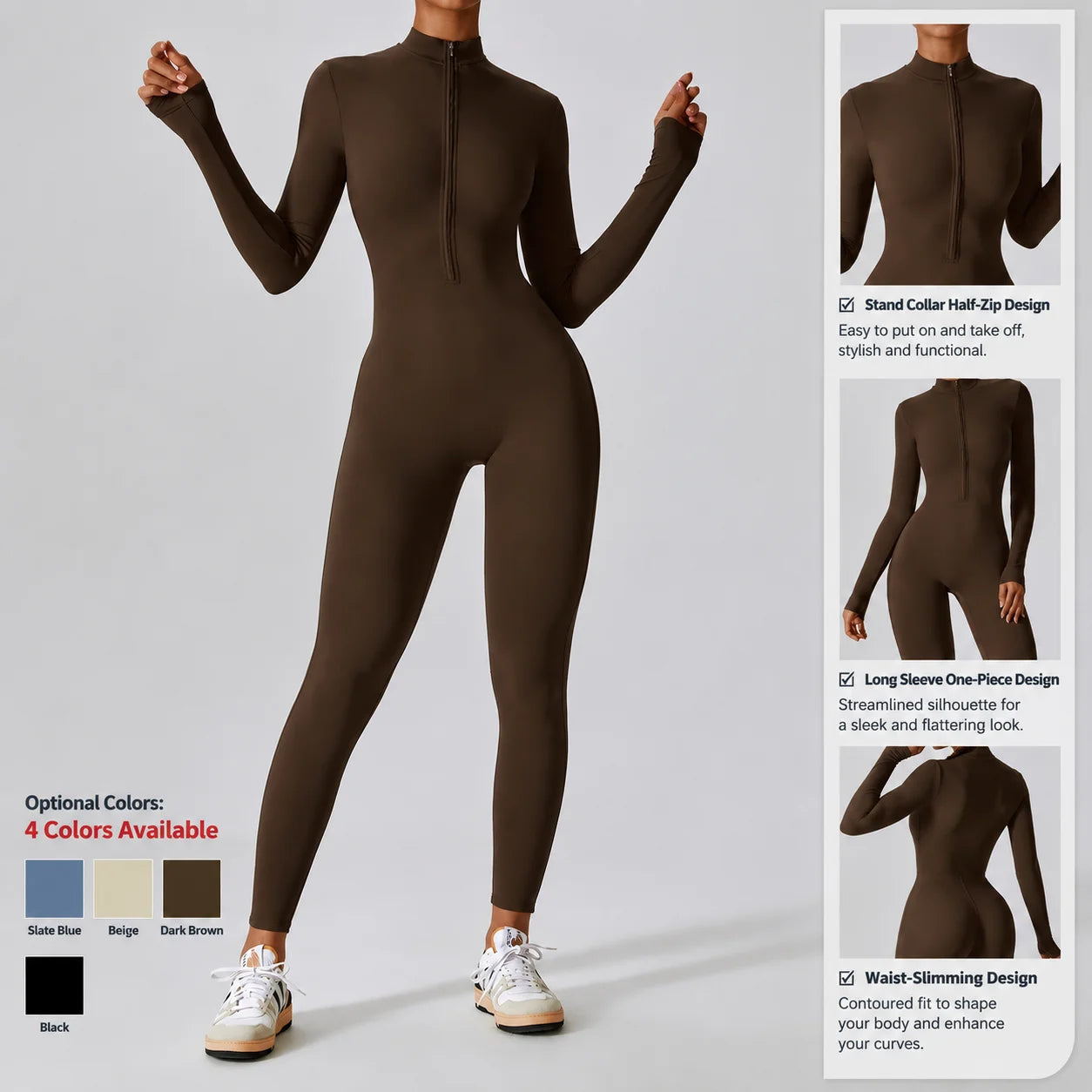 Women Front Zipper Yoga Jumpsuit  One Piece Unitard Gym Workout Bodycon Romper Athletic Wear Long Sleeve