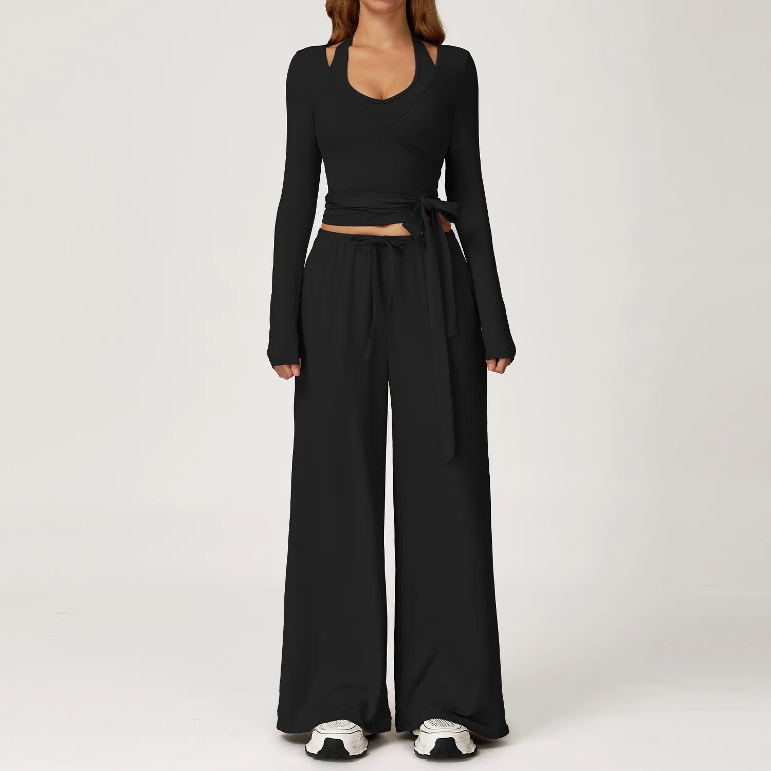 Women 3 Piece Solid Breathable Lounge Set Halter Crop Top Long Sleeve Wrap Cardigan Mid Waist Wide Leg Pants Tracksuit Custom