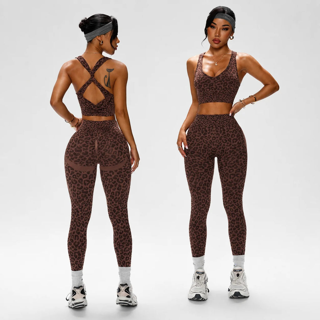 Women Leopard Cross Back Sleeveless Deep V Top and Light Weight Push Hip Leggings Yoga Set Quick Dry Fashion Yoga Set