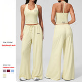 Women 3 Piece Solid Breathable Lounge Set Halter Crop Top Long Sleeve Wrap Cardigan Mid Waist Wide Leg Pants Tracksuit Custom