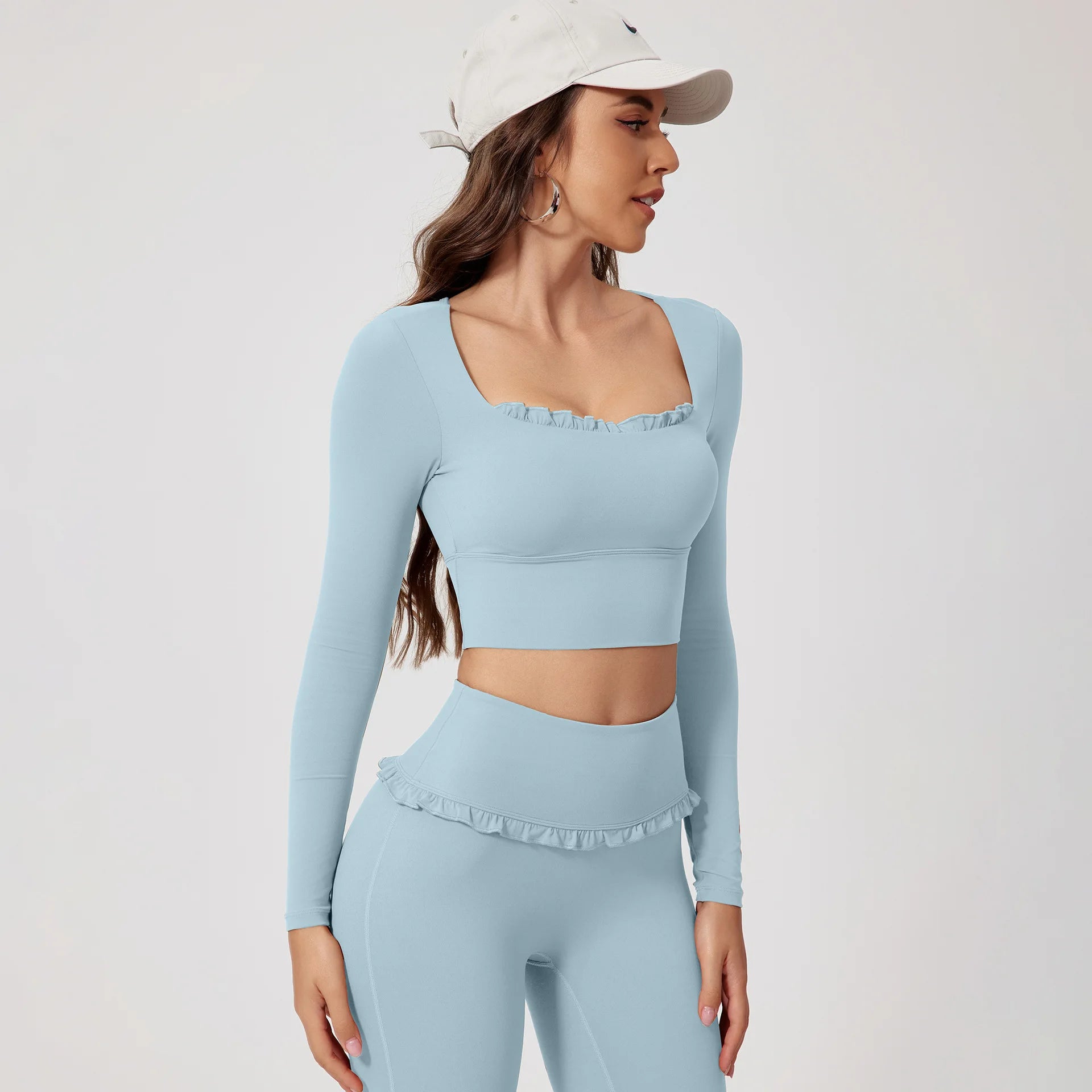 Custom Logo Yoga Long Sleeve Top Ruffle Trim Sports Crop Top Women Balletcore Fitness Shirt Gym Workout Wear Quick Dry