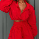 Women  Zip up Jacket 2 Piece Set Cropped Zip up Jacket and High Waisted Shorts Casual Streetwear Tracksuit Outfits