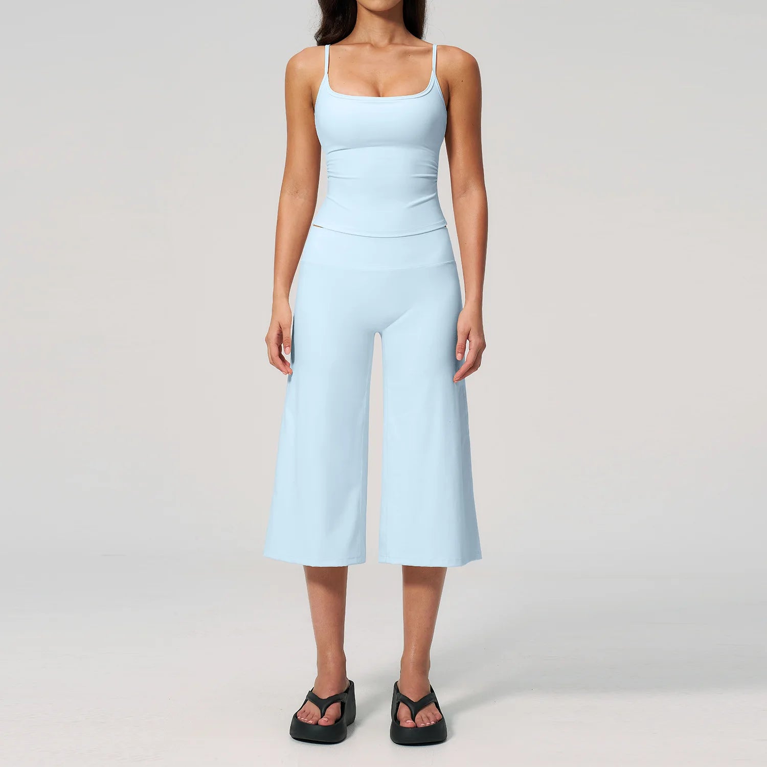 High-Waisted Elastic Waist Capri Pants Custom Logo Women's Solid Casual Two Piece Set Halter  Quick Dry Spandex/Nylon Activewear