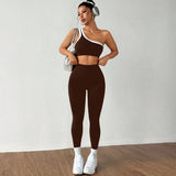 Yoga Set Women 2 Piece Set One Shoulder Contrast Trim Sports Bra High Waist Leggings Seamless Activewear Set
