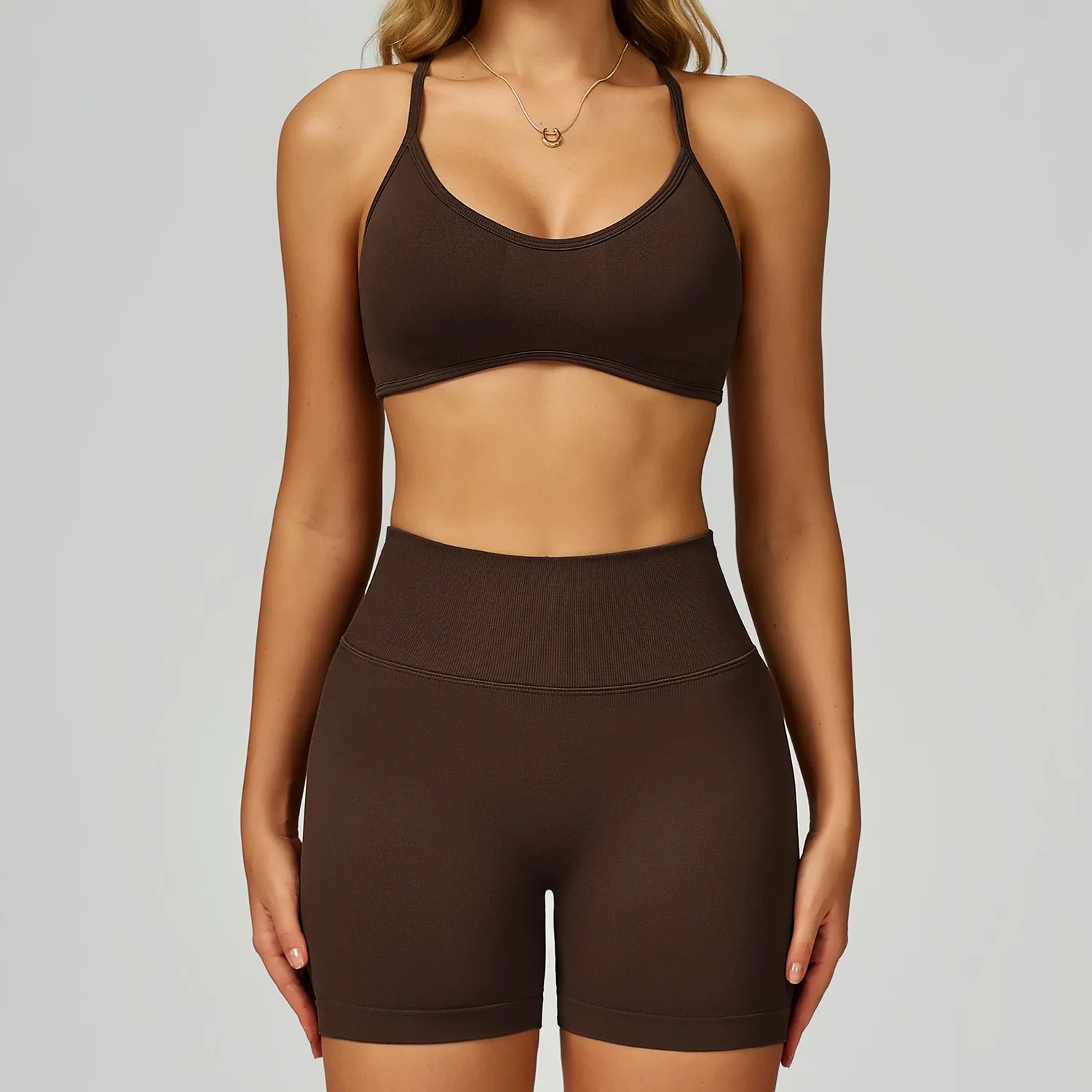 Wholesale Seamless Solid Sports Top Tight Scrunch Butt High Waist Elastic Waist Shorts Front 3 Piece Sportswear Gym Fitness Yoga
