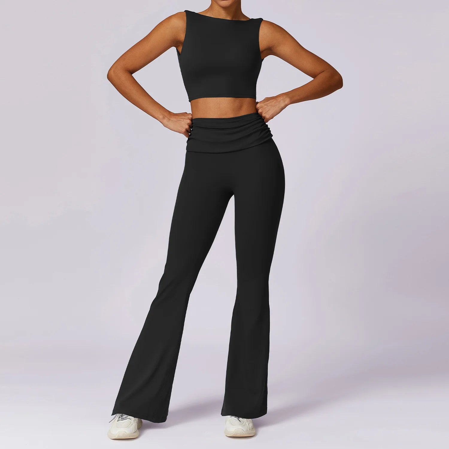 Custom Gym Sport Wear Clothes Solid Front Open Back Workout Vest Yoga Flares Leggings Pants Fitness Wear Yoga Sets for Women