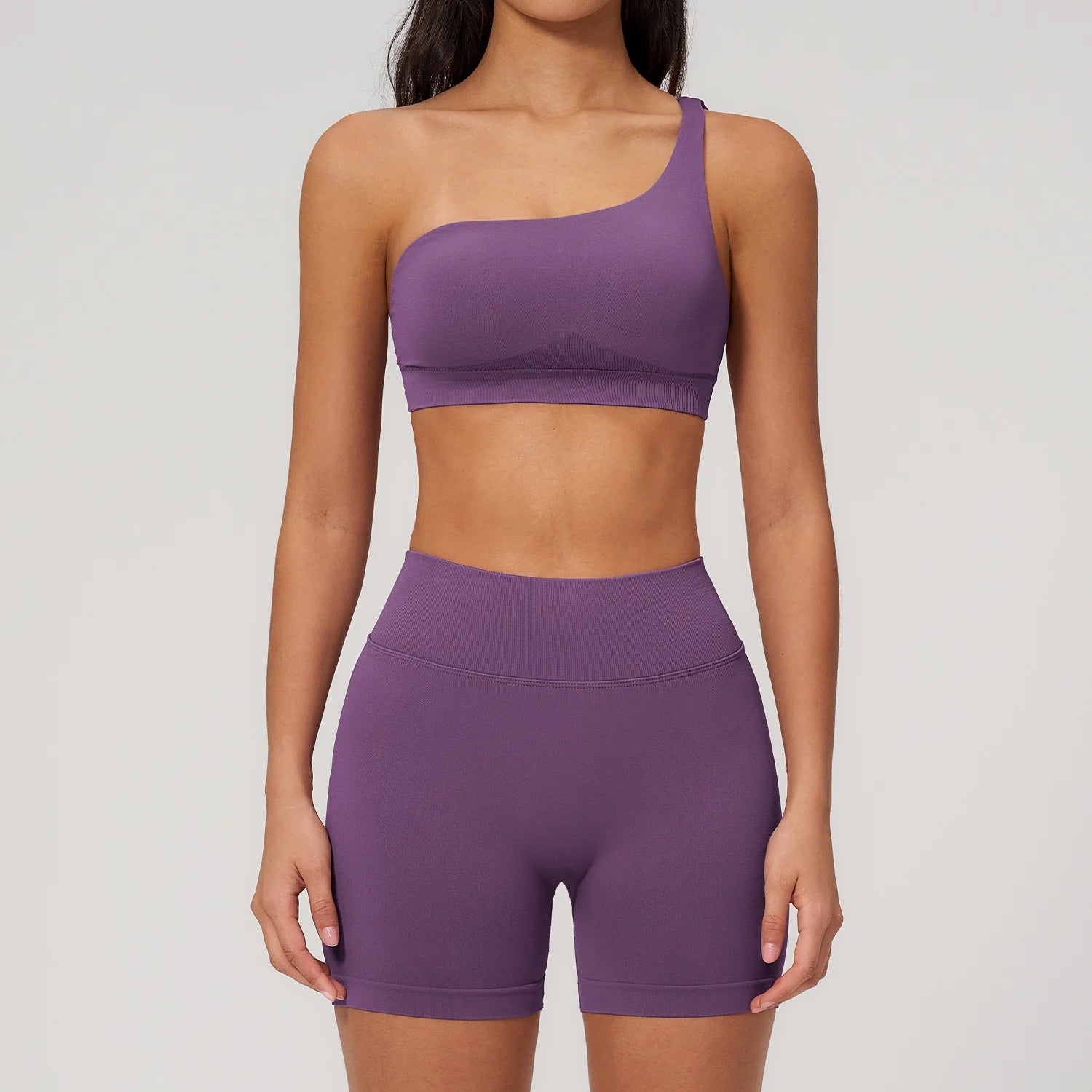 Factory One Shoulder 2-Piece Yoga Shorts Set with Seamless Breathable Stretch Fabric Solid Pattern for Fitness
