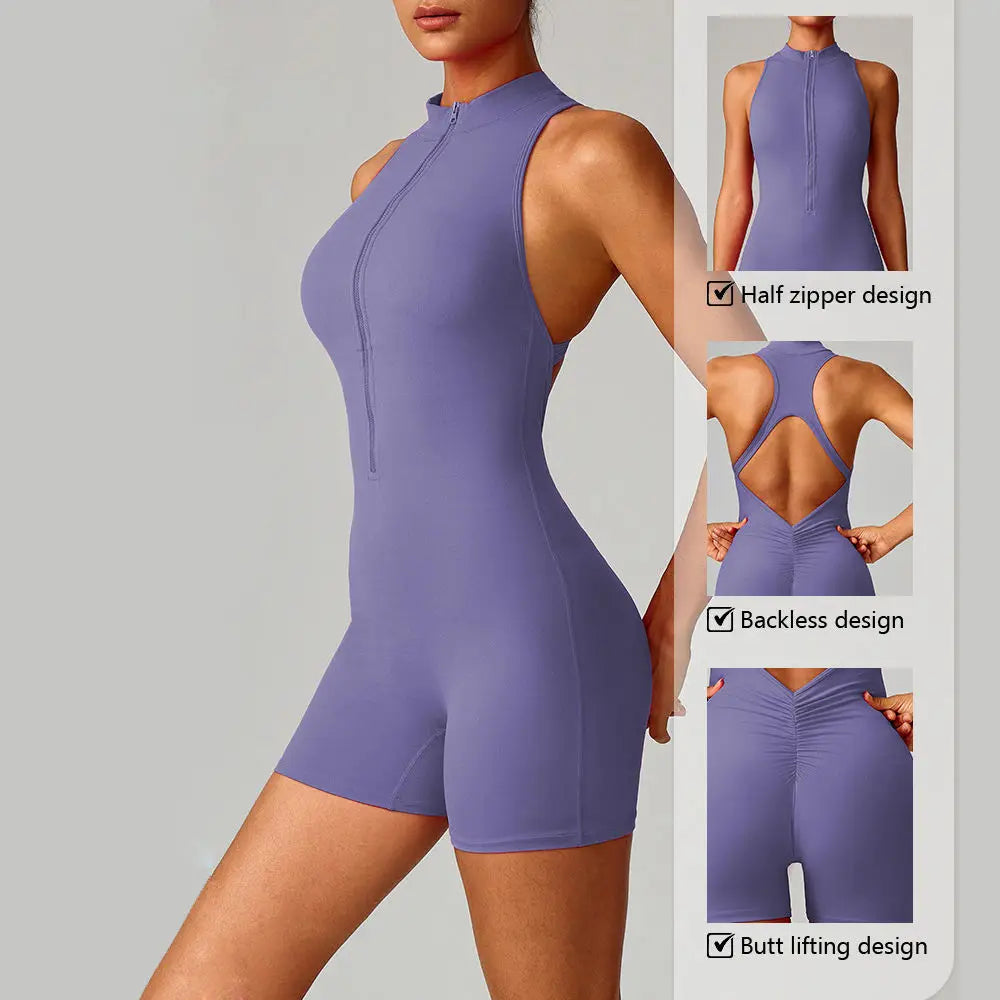 Wholesale Custom Sleeveless Half Zip Open Back High Waist Chest Pads Breathable yoga jumpsuit yoga bra yago sports