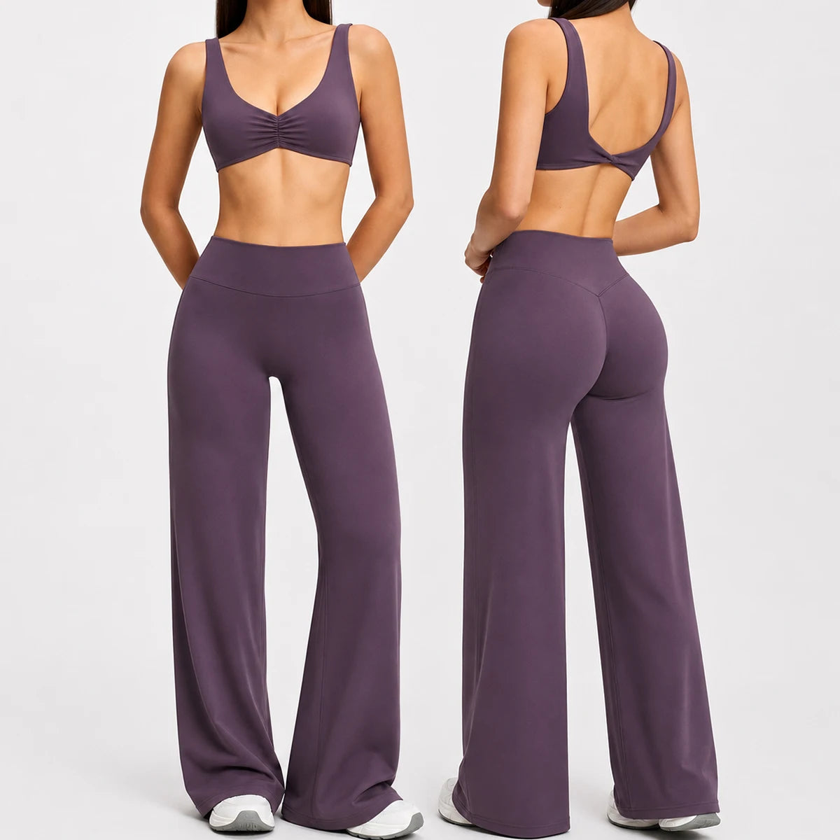 Custom High Stretchy Summer Yoga Set Scrunch Sports Bras Quick Dry High Waist Elastic Flare Pants Workout Running Sportswear