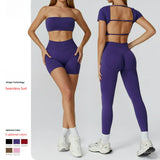Seamless Hollowed-out High-waisted Yoga Short-sleeved Women's  Custom Yoga Long Pants Running and Fitness Set
