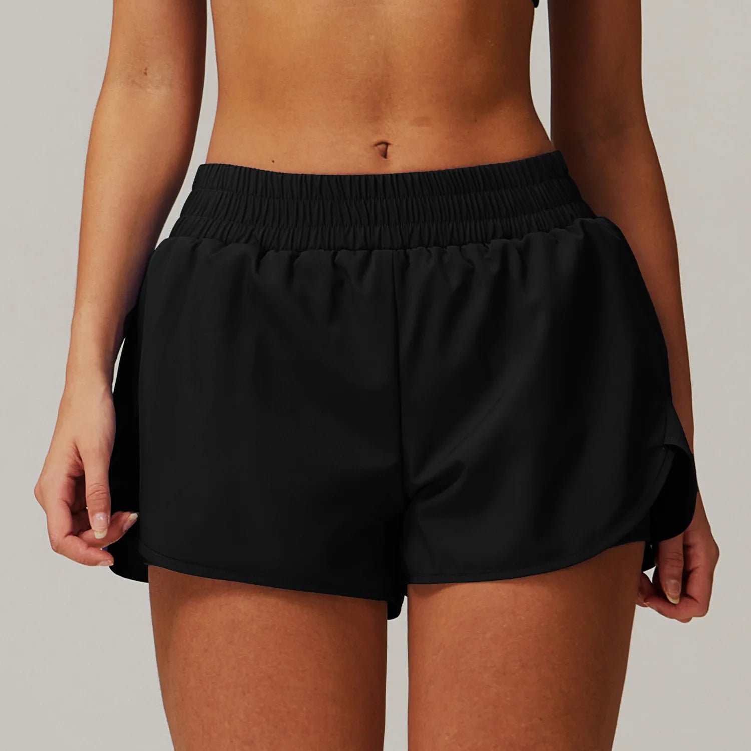 Custom Logo High Waisted Smocked Running Essentials Shorts Women 2 in 1 Athletic Gym Shorts with Pockets Double Layer Liner