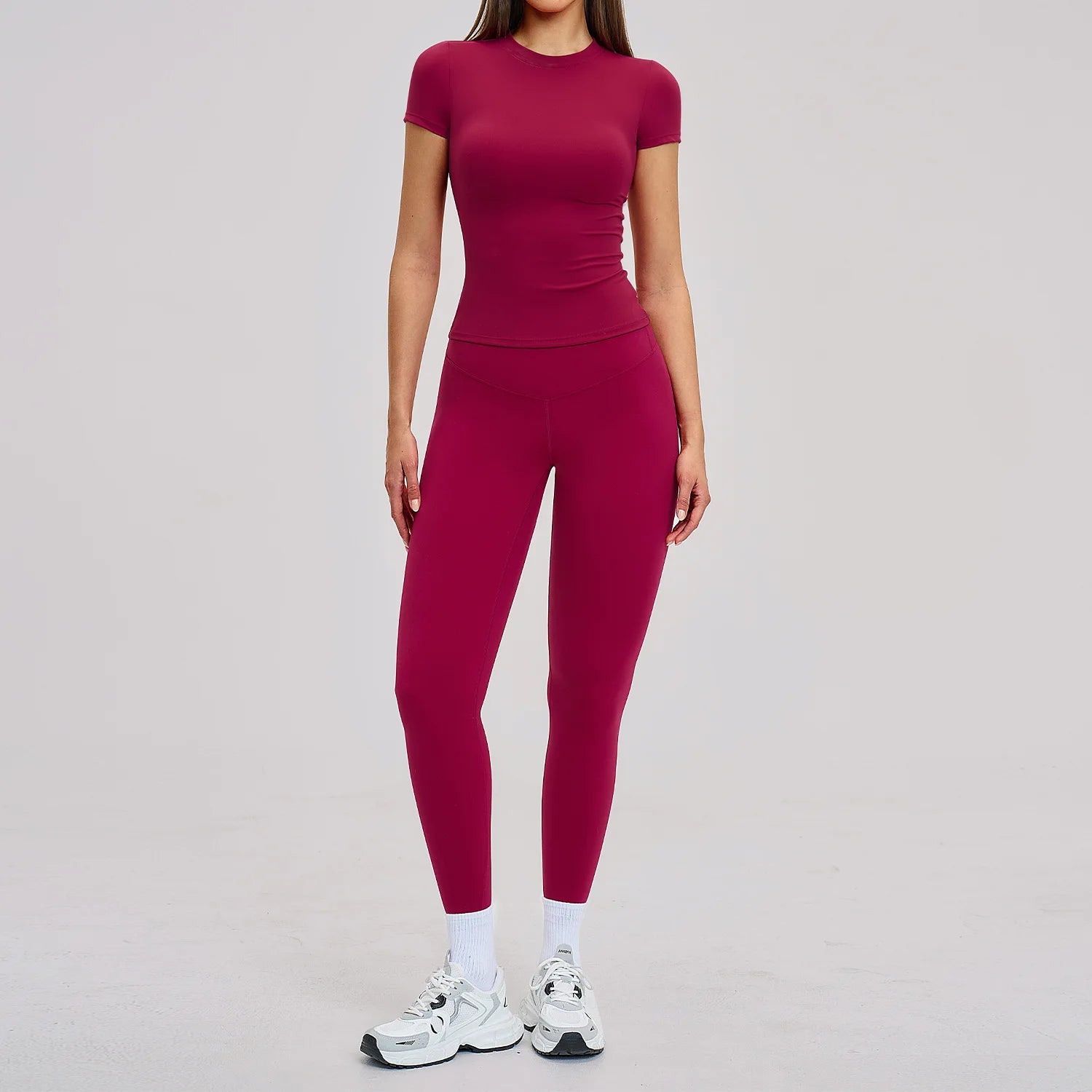 Seamless Solid Active Set Women 2 Piece Breathable Workout Outfits Short Sleeve T Shirt High Waisted Leggings Gym Yoga Set