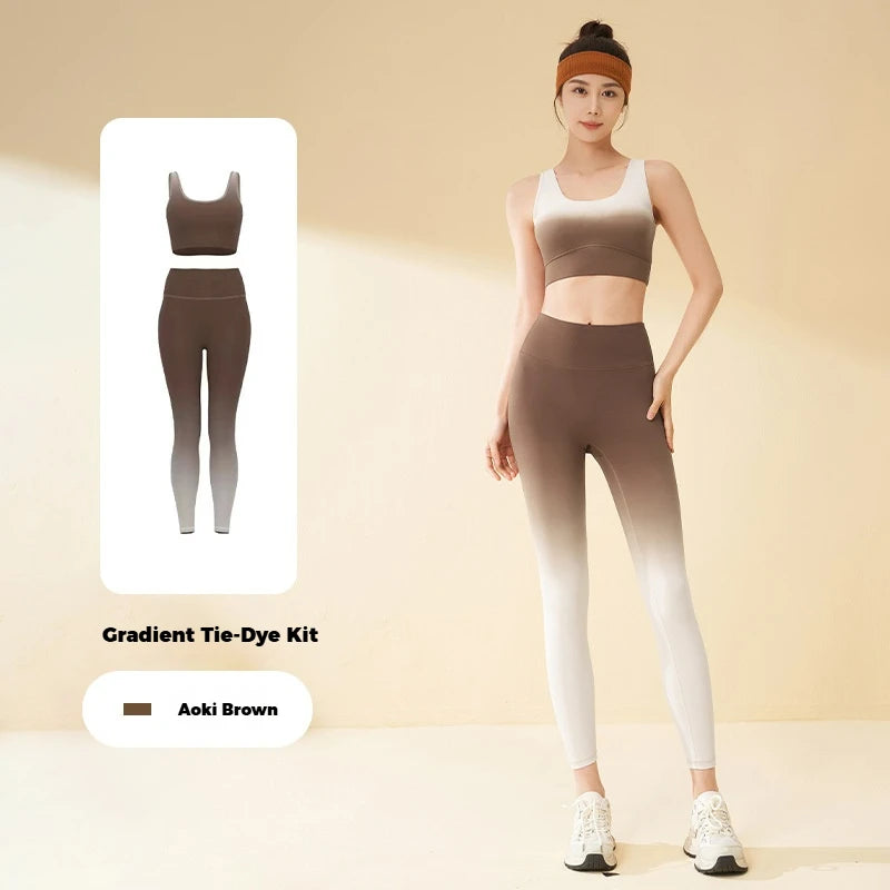 Gradient Nylon High Waist Breathable Yoga Apparel Sets Lounge Trousers 2pcs Women's Calf-Length Yoga Leggings Pants