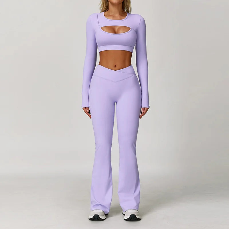 V Front Women's High Waist Breathable Solid 2026 2-pcs Active Wear Pink Yoga Flare Leggings Spandex/Nylon Elastic Waist Pink